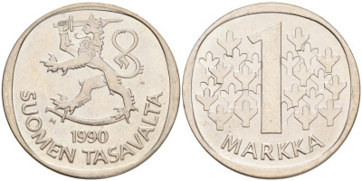 ФИНЛЯНДИЯ 1 МАРКА 1990 M KM 49а медно-никель UNC 4556-833