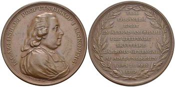 Швеция медаль 1787 Jacob Axelsson Lindblom (1736-1846) Архиепископ Уппсалы, диаметр 42,5 мм., вес 33,34 гр., медальер Liungberger бронза 1084-4-24