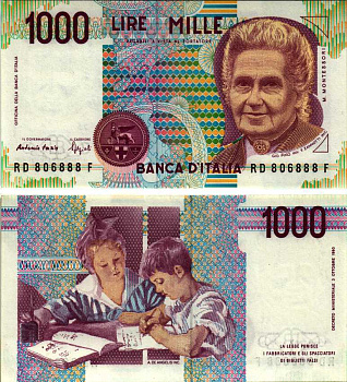 Италия 1000 лир 1990 Мария Монтессори Pick 114b UNC (пресс) 7183-26-3-1