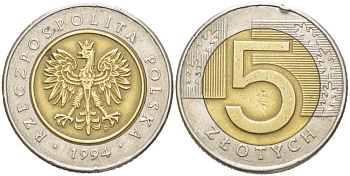 Польша 5 злотых 1994 MW KM 284 биметалл 217-524