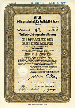 Германия 1000 рейхсмарок 1943 АО топливных заводов, Дрезден, также известное как AKA, 4%частичное обязательство, серия V, облигация   бумага   8802-58-1