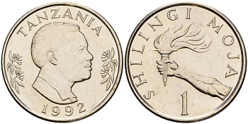 Танзания 1 шиллинг 1992 KM 22 сталь плакированная никелем UNC 93-1055