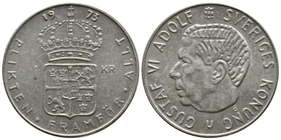 Швеция 1 крона 1973 Густав VI Адольф (1950-1973) KM 826а медь плакированная медно-никелем 4380-537