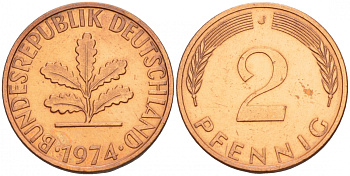 ФРГ 2 ПФЕННИГА 1974 J KM 106a, J.381a сталь плакированная сталь плакированная медьюю 4532-1253