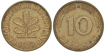 ФРГ 10 пфеннигов 1979 G KM 108, J 383 сталь плакированная латунью 25-1746