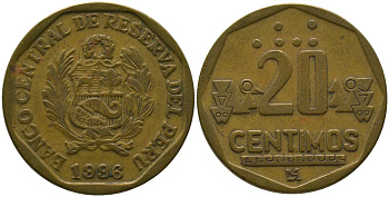 Перу 20 сентимо 1996 LIMA KM 306.1, Schon 105 латунь 4543-1025