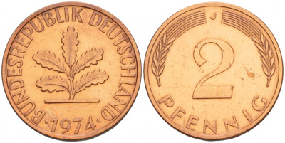 ФРГ 2 ПФЕННИГА 1974 J KM 106a, J.381a сталь плакированная сталь плакированная медьюю 4532-1253