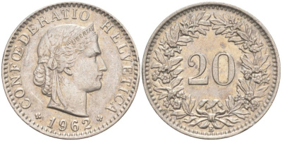 Швейцария 20 раппенов 1962 В KM 29a медно-никель 55-825