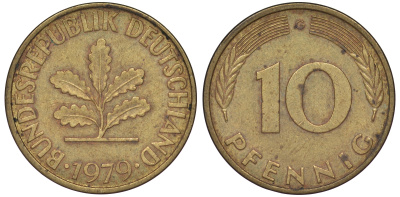 ФРГ 10 пфеннигов 1979 G KM 108, J 383 сталь плакированная латунью 25-1746