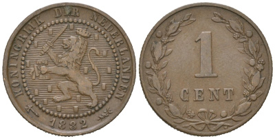 Нидерланды 1 цент 1882 Виллем III (1849-1890) KM 107 бронза 4154-427