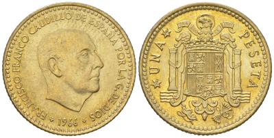 Испания 1 песета 1966 (74) Франсиско Франко (1939-1975) KM 796 алюминиевая бронза UNC 261-663