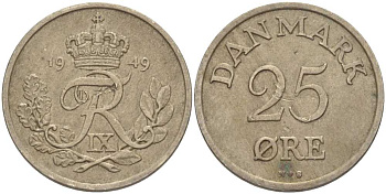 Дания 25 эре 1949 N; S, Фредерик IX (1947-1972) KM 842.1 медно-никель 67-912
