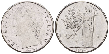 ИТАЛИЯ 100 ЛИР 1992 R, АФИНА У ОЛИВКОВОГО ДЕРЕВА, ДИАМЕТР 18 ММ. KM 96.2 нержавеющая сталь 4551-441