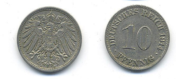 ГЕРМАНИЯ 10 ПФЕННИГОВ 1914 A KM 12, J. 13 медно-никель 58-417