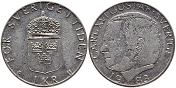 Швеция 1 крона 1983 Карл XVI Густав (1973- ) KM 852a медно-никель 4397-1121