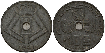 Бельгия 10 сантимов 1941 Belgique - Belgie, Леопольд III (1934-1947), германская оккупация, Вторая мировая война KM 125 цинк 4161-314