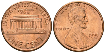 США 1 цент 1990 Авраам Линкольн KM 201b цинк плакированная медью aUNC 220-1011