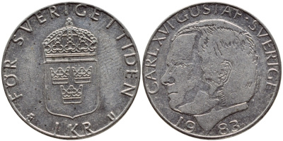 Швеция 1 крона 1983 Карл XVI Густав (1973- ) KM 852a медно-никель 4397-1121