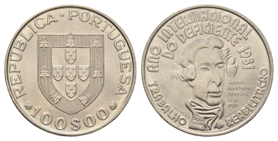 Португалия 100 эскудо 1982 Международный год инвалидов KM 625 медно-никель UNC 69-545
