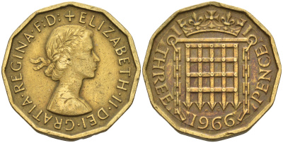 Великобритания 3 пенса 1966 Елизавета II (1952-2022) KM 900, Spink 4153 никель латунь 4187-534