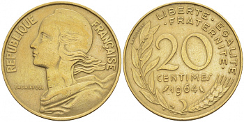 ФРАНЦИЯ 20 САНТИМОВ 1964 ТИП MARIANNE KM 930, LE FRANC 156.4 алюминиевая бронза 113-1224