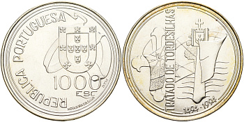Португалия 1000 эскудо 1994 Тордесильясский договор 1494 года KM 675 серебро UNC 06-236-35