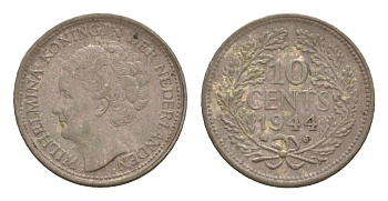 Нидерланды 10 центов 1944 Вильгельмина (1890-1948) KM 163 серебро 4659-213