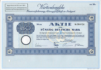 ФРГ 50 марок 1974 Акционерное общество по страхованию от пожаров Вюртемберга, акция   бумага   8803-82-1