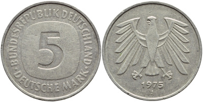 ФРГ 5 марок 1975 J, монетный двор Гамбург КМ 140.1, J. 415 медно-никель плакированный никелем 4389-745