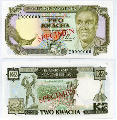 Замбия 2 квач 1989 Кеннет Каунда, носорог, кукуруза. Образец, Specimen Pick 29 s бумага UNC (пресс) 451-337-1