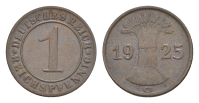 Германия 1 рейхспфенниг 1925 G KM 37, J. 313 бронза 4644-1035