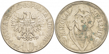Польша 10 злотых 1968 MW, Николай Коперник KM 51а медно-никель 4403-546