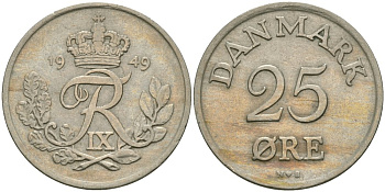 Дания 25 эре 1949 Фредерик IX (1947-1972) KM 842 медно-никель 4579-256