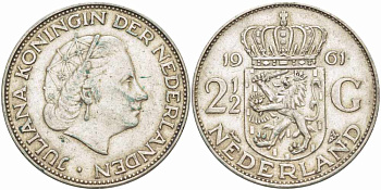 Нидерланды 2 1/2 гульдена 1961 Юлиана (1848-1980) KM 185 серебро 118-415