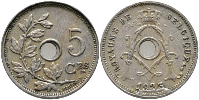 БЕЛЬГИЯ 5 САНТИМОВ 1923 BELGIQUE, БРАК ЗАГОТОВКИ, СМЕЩЕНИЕ ЦЕНТРАЛЬНОГО ОТВЕРСТИЯ KM 66 медно-никель 76-559