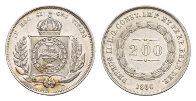 Бразилия 200 реалов 1860 тираж 28.000 экземпляров KM 469 серебро 413-2512