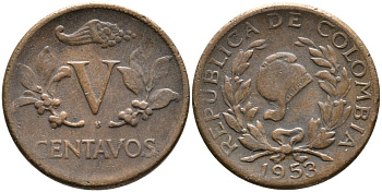 КОЛУМБИЯ 5 СЕНТАВО 1953 В KM 206 бронза 4532-217