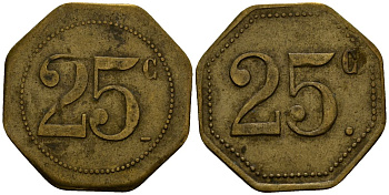 Франция 25 сантимов XIX-XX век ресторанный жетон латунь 4166-524