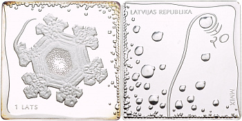 Латвия 1 лат 2009 H2O - вода, квадратная KM 104 серебро PROOF 1088-4-42