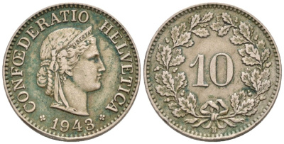 Швейцария 10 раппенов 1943 В KM 27 медно-никель 4576-943