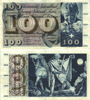 Швейцария 100 франков 1965 23 декабря 1965, серия 50 D, подпись 39 Pick 49 h бумага 8606-22-1-2