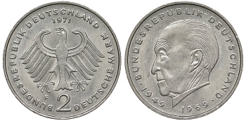 ФРГ 2 МАРКИ 1971 F, КОНРАД АДЕНАУЭР KM 124, J. 406 медно-никель плакированный никелем плакированный никелем UNC 72-436