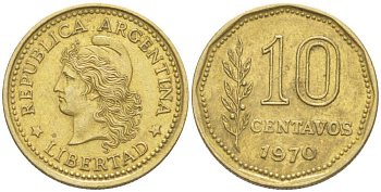 Аргентина 10 сентаво 1970 голова свободы влево KM 66 алюминиевая бронза 4514-921