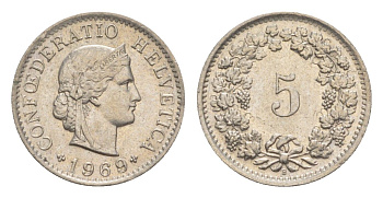 Швейцария 5 раппенов 1969 B KM 26 медно-никель UNC 4649-645