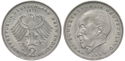 ФРГ 2 марки 1971 F, Конрад Аденауэр KM 124, J. 406 медно-никель плакированный никелем UNC 4681-1036