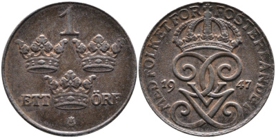 Швеция 1 эре 1947 Густав V (1907-1950) KM 810 железо 4387-544