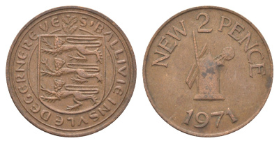 Гернси 2 новых пенса 1971 Елизавета II (1952-2022), ветряная мельница KM 22 бронза 4703-1144