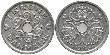 ДАНИЯ 1 КРОНА 1998 LG; JP; A, МАРГРЕТЕ II (1972-) KM 873.1 медно-никель 113-755