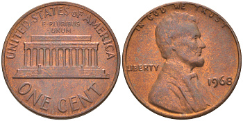 США 1 ЦЕНТ 1968 ЛИНКОЛЬН KM 201 медь цинк 187-1155