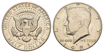 США 1/2 доллара (50 центов) 1981 D, Джон Кеннеди KM A202b медь плакированная медно-никелем aUNC 4367-236